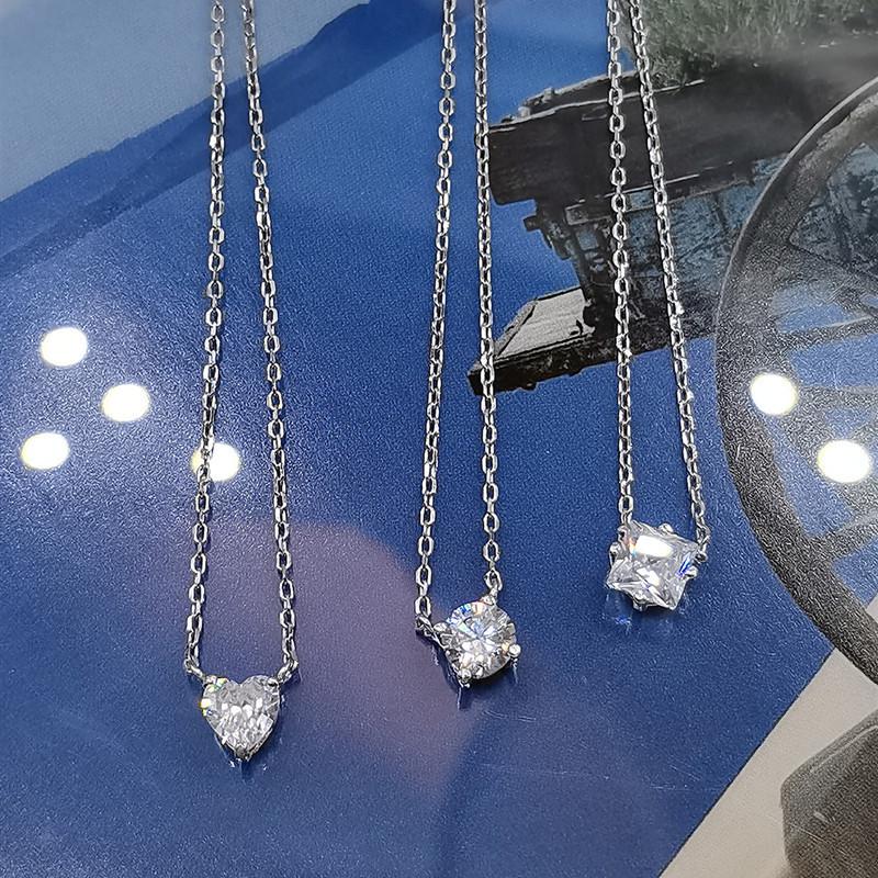 Beixi S925 Sterling Silver Geometric Necklace with Diamond Heart and Square for Women - Simple and Elegant Jewelry.