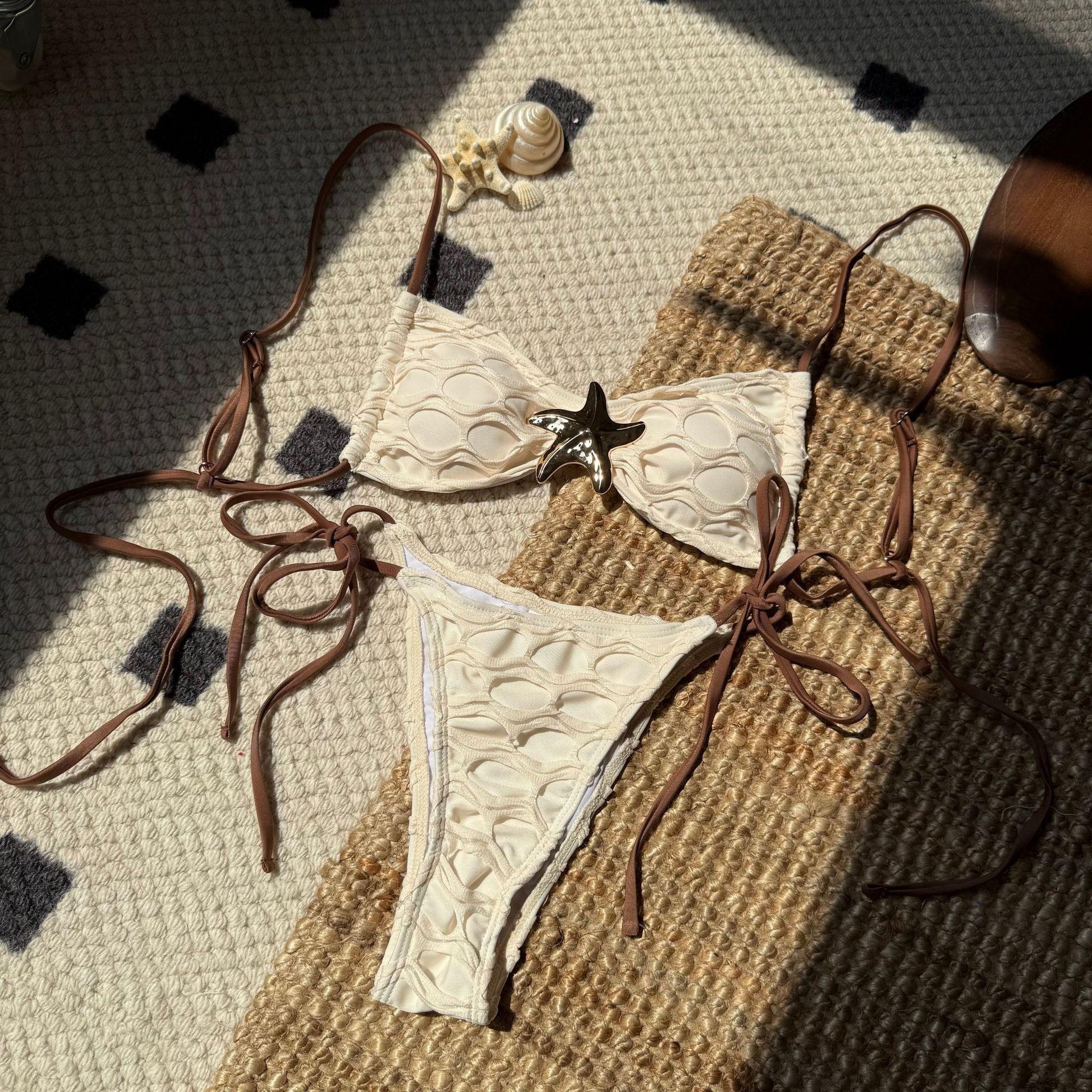 European and American sexy backless mesh splicing drawstring strap split swimsuit bikini bikini foreign trade S абрикосовый
