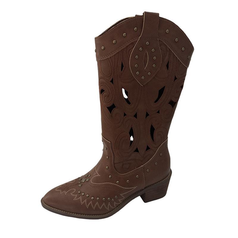 2025 Summer New Retro Xinjiang Cowboy Boots Women's Hollow Boots Are Fashionable But Knee-thin Boots