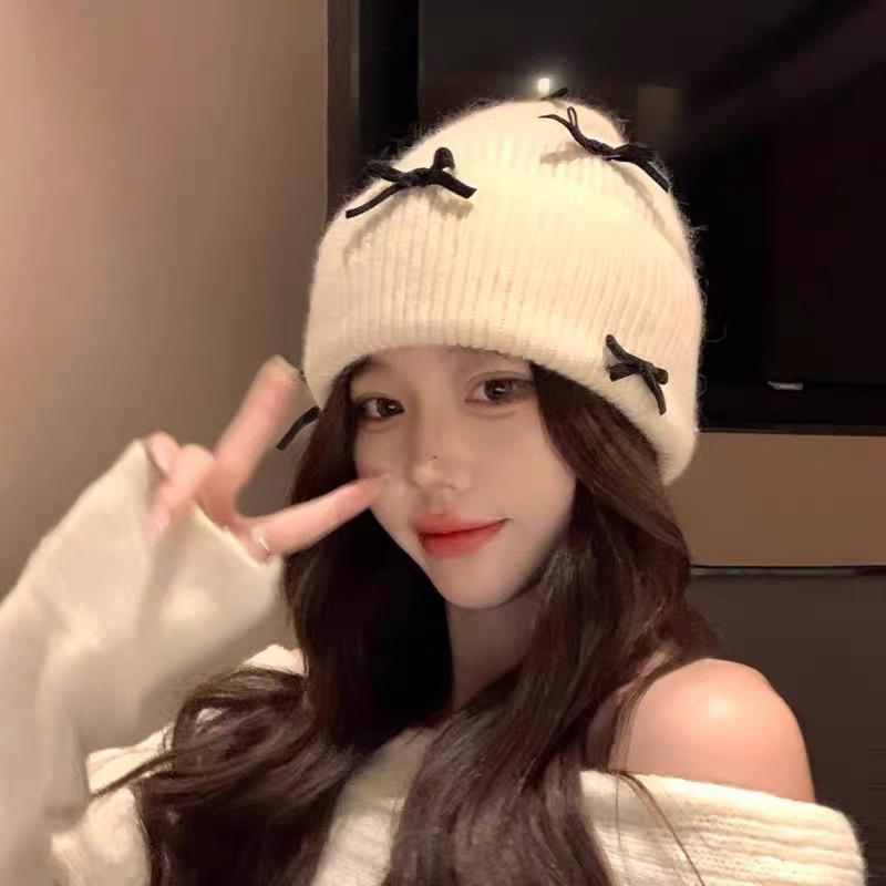 Korean Style Bow Knitted Hat Ear Protection Warm Face Small Wool Hat