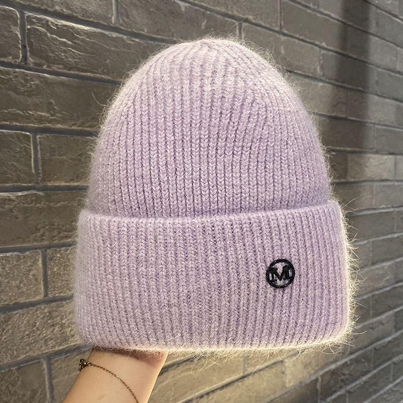 Knit Beanie Hat Rabbit Hair Blend Metal Letter M Label Warm Ear Protection Winter Autumn Trendy Skullcap Women