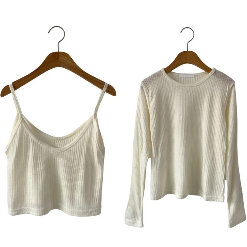New Arrivals Open Run Women Slim Fit Ribbed Knit Long Sleeve Bustier Set