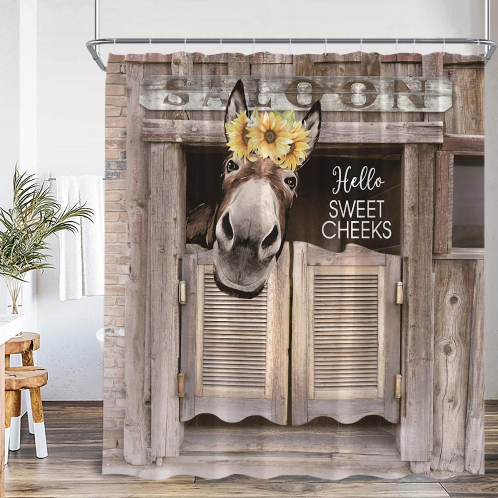 Farm Animal Print Shower Curtainh Funny Highland Cow Donkey Pig Horse Floral Vintage Wooden Plank Fence Retro Bathroom Curtain