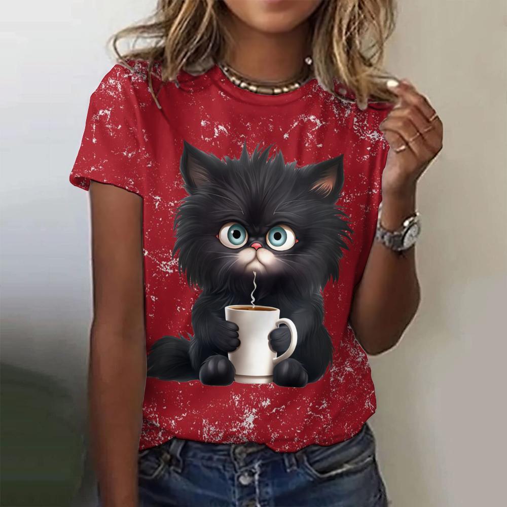 Cute Cat Printing Women's T-Shirts Fashion Top Casual Short Pullover Sleeved Teacup Pattern O-Neck Tee Shirt Female Clothing