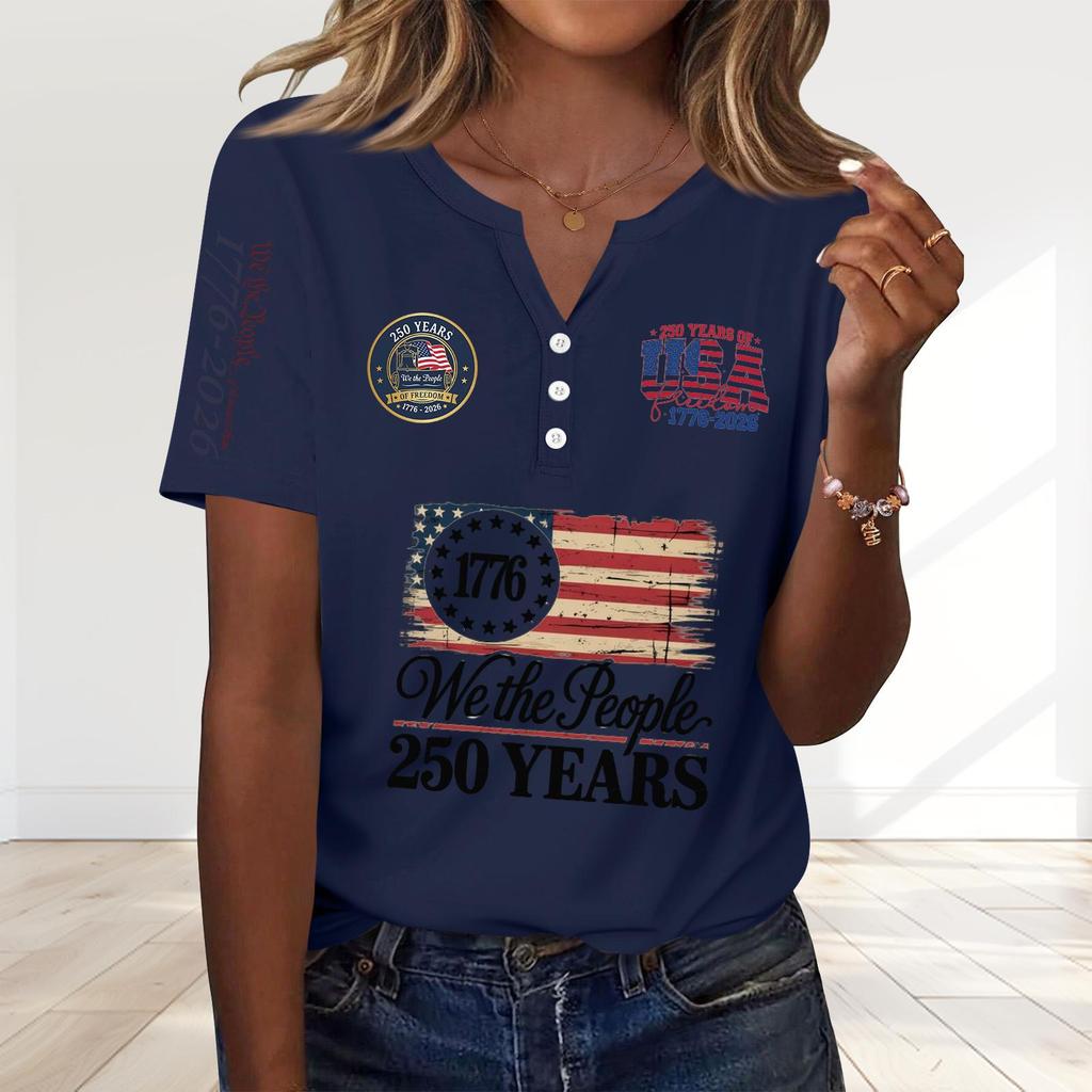Women's Fashion Casual 250th Anniversary Independence Day Print V-Neck Short Sleeve Decorated Button-Up T-Shirt