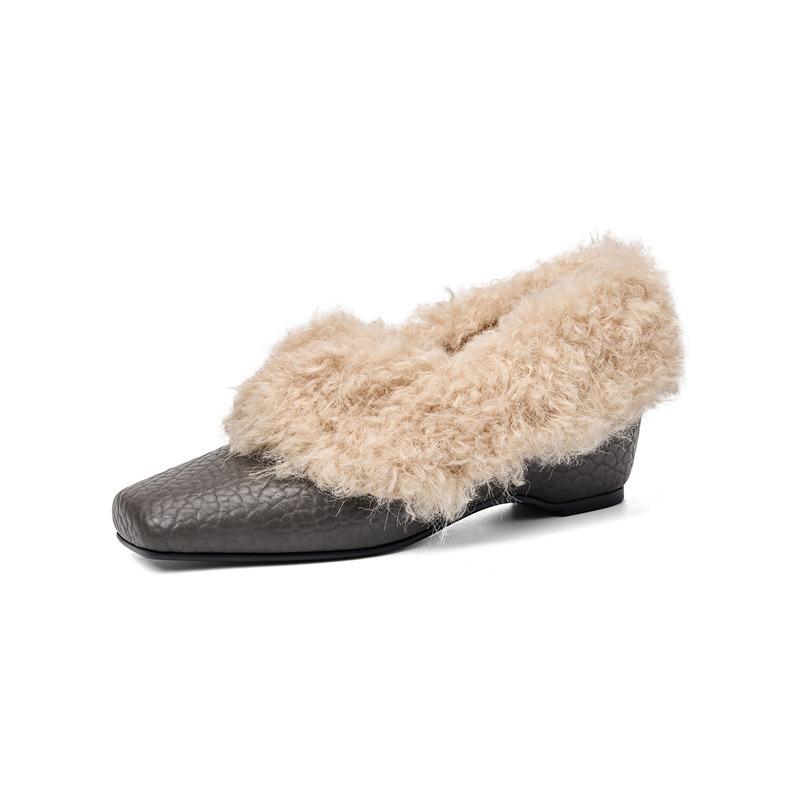 Cowhide version~ Square head thick heel fluffy shoes lychee pattern inner height increase Mary Jane shoes single shoes velvet warm small leather shoes