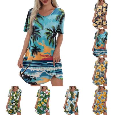 Women's Casual Fashion V-Neck Short Sleeve Hawaiian Print Pocket Dress