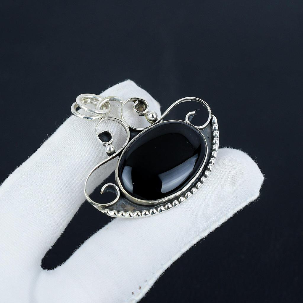 Natural Black Onyx Gemstone Silver Pendant In 925 Sterling Silver - Handmade Design, Everyday Wear Jewelry Thanksgiving Gift