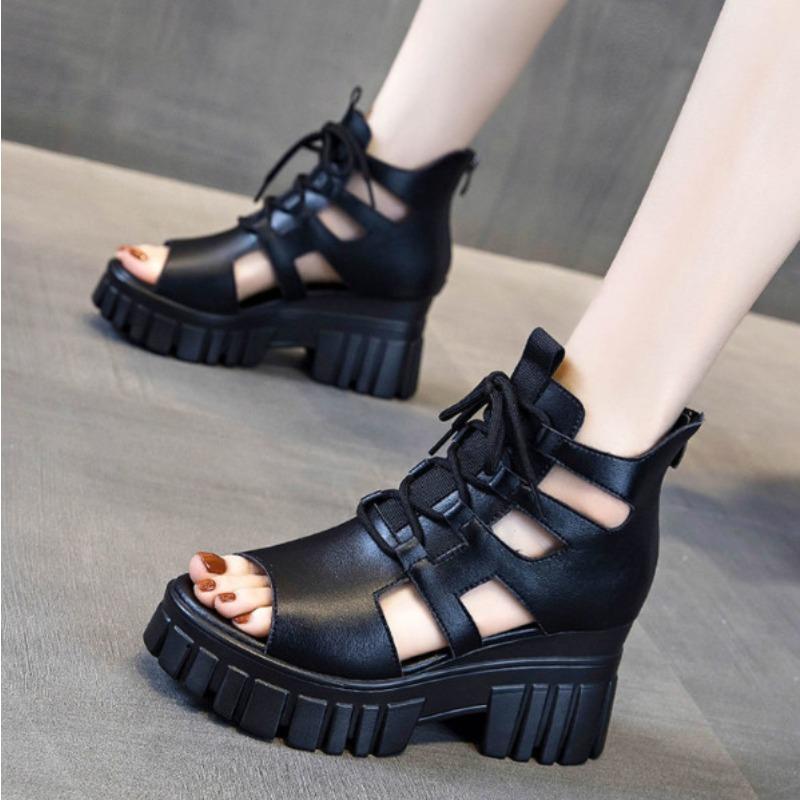 

Fish mouth hollow breathable thin sandals new high heel thick sole cool boots slope heel increased 40 чёрный
