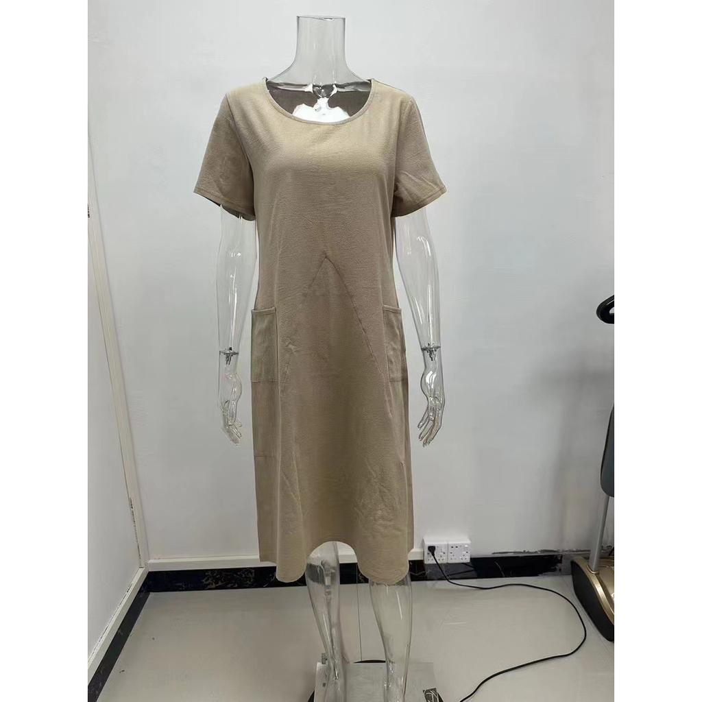 Womens Summer Shirt Dress Crewneck Short Sleeve Plus Size T-Shirt Dress Solid Color Loose Midi Dresses With Pockets