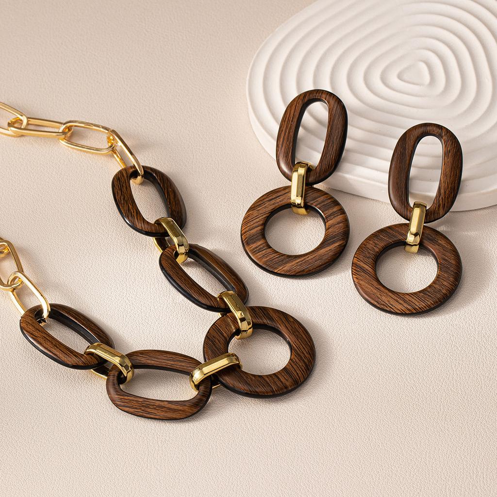 Geometric Brown Matte Vintage Earring Necklace Women Temperamental Accessories