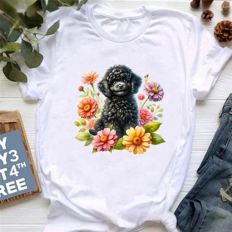 Cute Dog Shirt Poodle Print Girls Tshirt Harajuku Style Summer Fashion Womens Harajuku Sleeve Casual Aesthetic Clothing White
