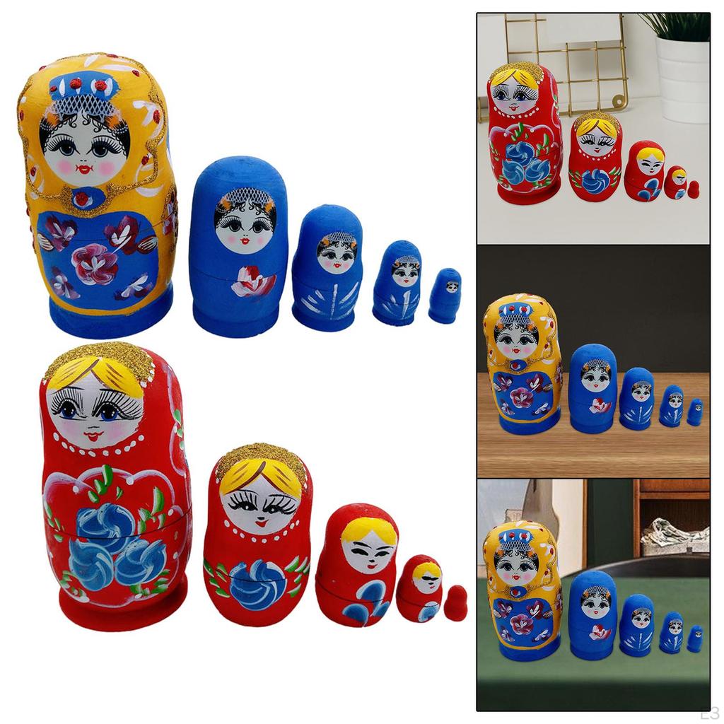 5 Pieces Matryoshka Doll Stacking Set Cartoon Figures Crafts Cute Traditional Wooden Russian