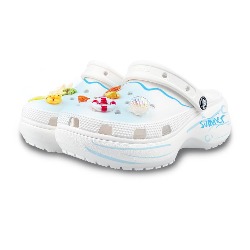 Crocs Classic Platform Clog AnJie Summer Beach Fun 3D Decoration Hand-painted Clogs Unisex White and Blue