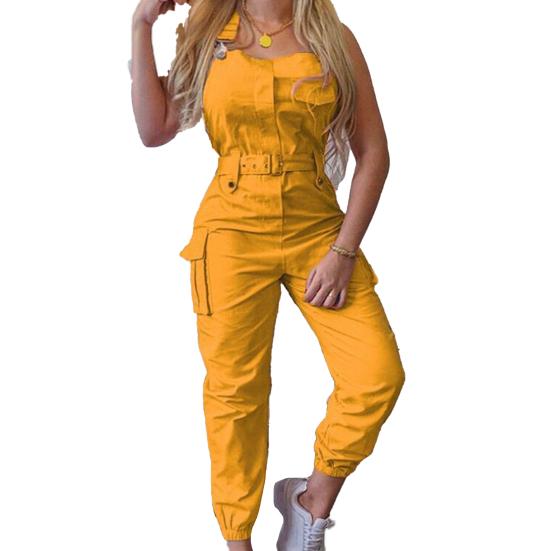 

Women s Large Size Cargo Jumpsuit Ankle Tied Shoulder Strap Women Sleeveless High Waist Pockets Romper for Working S жёлтый