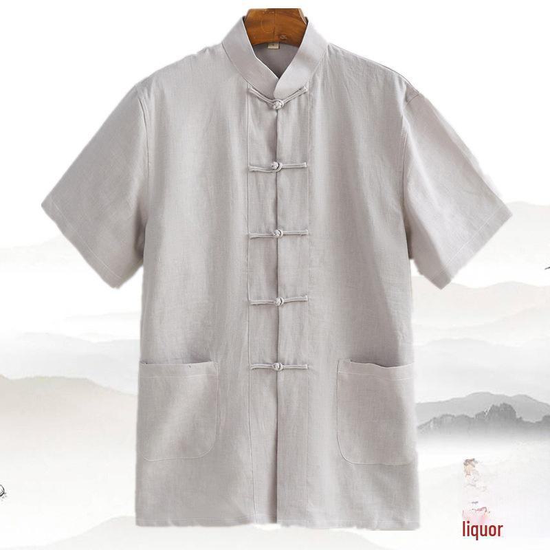 [Popular] Cămașă de vară cu mânecă scurtă pentru bărbați, stil chinezesc, in pur, retro, costum Tang