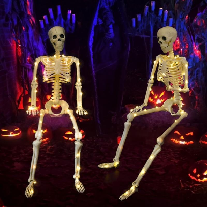 Poseable Full Body Human Skeleton Decors Haunting Halloween Party Skeleton with LED Green Lights for Scary Atmosphere