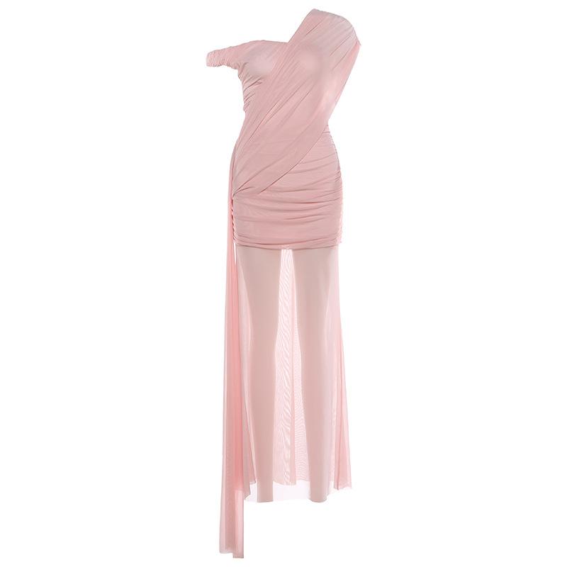 2026 European and American summer new pleated solid color fashion slanted shoulder slightly transparent light luxury slim temperament dress