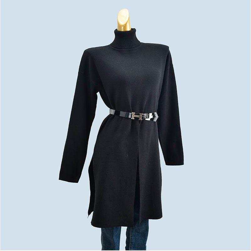

Turtleneck High Slit Loose Laminated Autumn and Winter Long sleeve Solid Sweater Mid-Length Dress Straight Women Base Skirt Black One size
