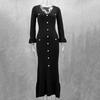 Spring Fall Women Dress Button Decor V Neck Knitted Long Sleeves Slim Fit Patchwork Fishtail Hem Solid Color Stretchy Maxi Dress