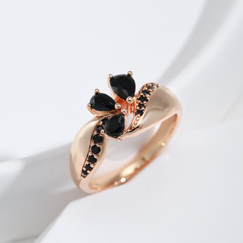 Black Natural Zircon Ring For Women Fashion  Rose Gold Color Crystal Flower Bride Ring Daily Fine Vintage Jewelry