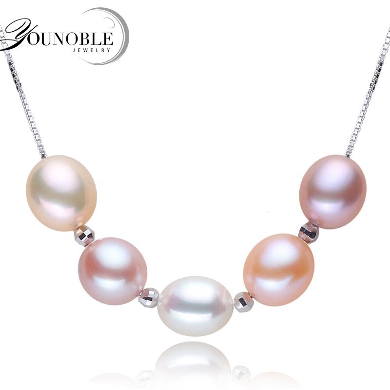Genuine 925 Silver Pearl Pendant Woman,Colorful Natural Pearl Pendant on Neck For Girl Wife Birthday White Pink