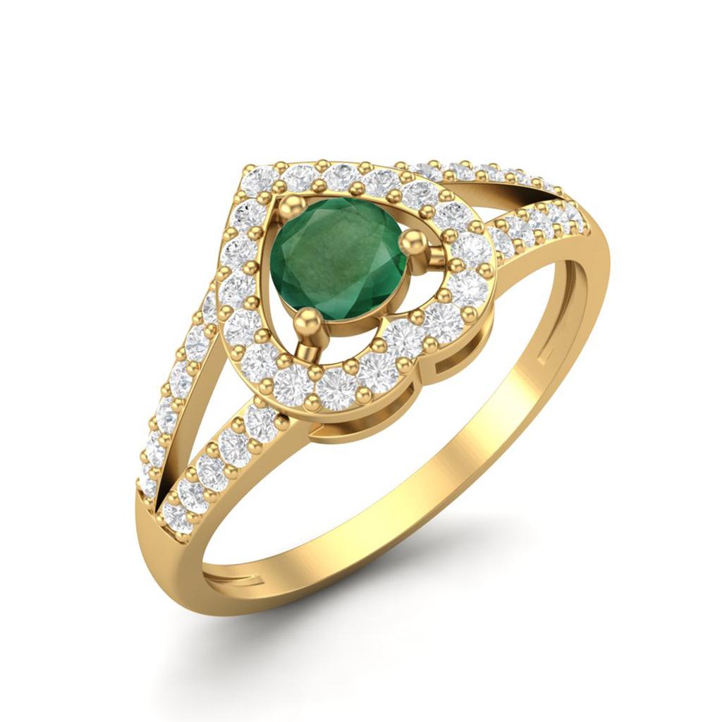 1.05 Cts Round Emerald Heart Shape 925 Sterling Silver Gold Vermeil Split Shank Women Wedding Ring