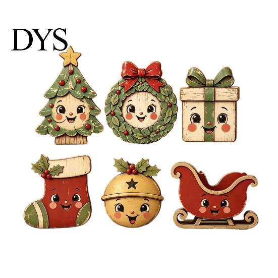 Wooden Tiered Tray Decor 6Pcs Christmas Tabletop Signs, Xmas Sign Decor, Santa Winter Holiday Home Accents Snowman Reindeer Gingerbread House