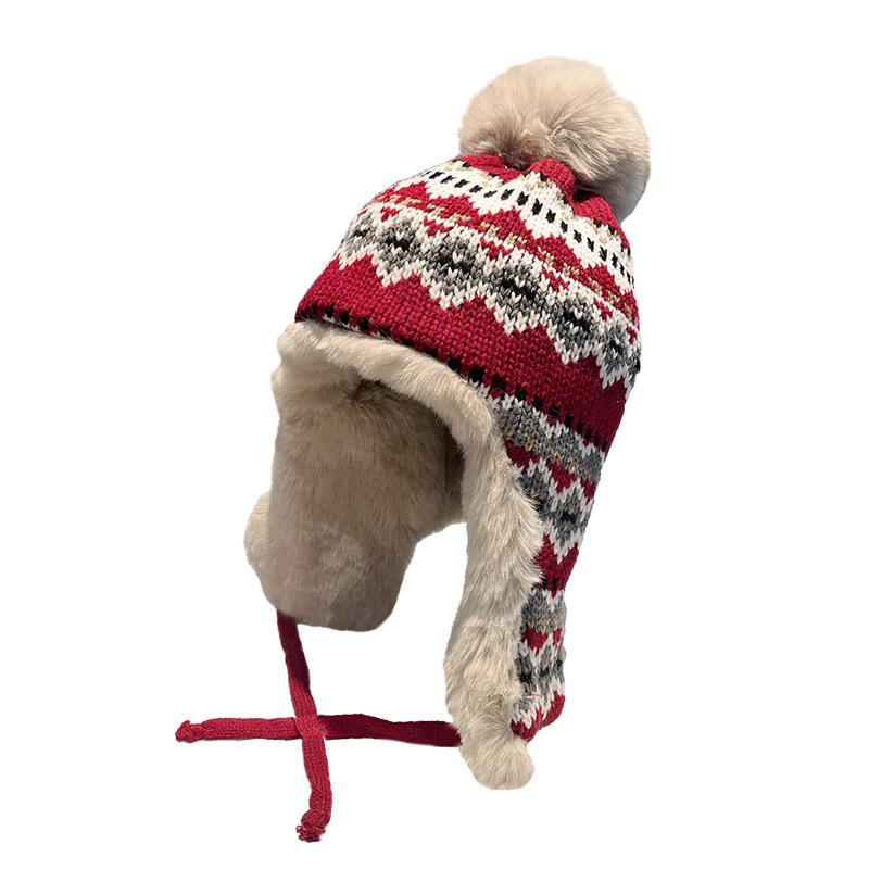 Northeast Cycling Ear Protection Wool Hat Women's Winter Plush Jacquard Knitted Lei Feng Hat Thickened Warm Bag Head Hat