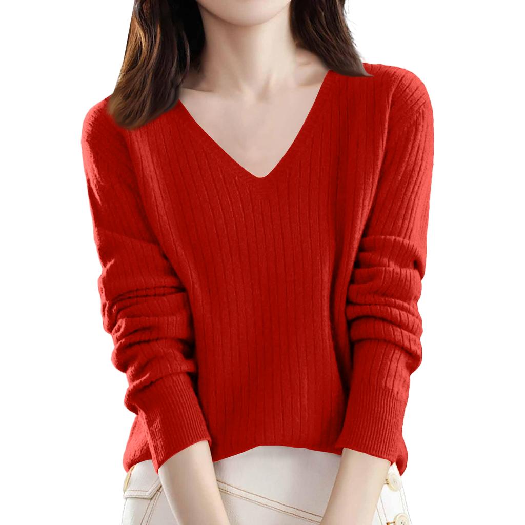 Women's Loose-Fit Knitted Base Layer Sweater V-Neck Pullover Long Sleeves Solid Colour