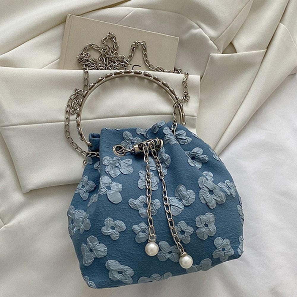 Fashion Nylon Shoulder Bags Pleated Floral Design Circle Handheld Handbag Exquisite Chain Crossbody Bag Ladies