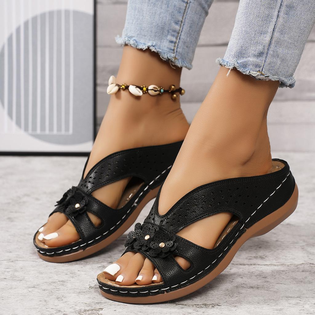 Women's Flowers Decor Slide Sandals, Casual Open Toe Arch Support Shoes, Comfortable Summer Outside Slides