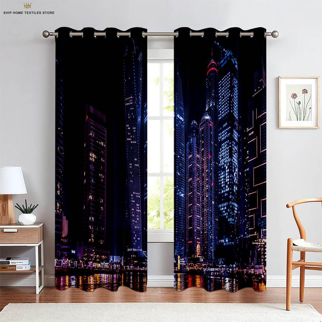 City Building 3D Printing Curtain, Night View Scenery, Bedroom, Living Room, Kitchen, Decorative, Easy To Wash and Care, 2 Pcs