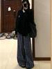 Plus Size Retro Blue Plaid High Waist Wide Leg Pants for Women - Autumn Winter Casual Loose Fit.