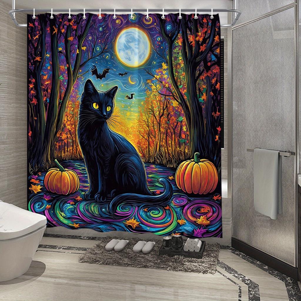 Halloween Schwarze Katze im Mondlichtwald Wasserdichter Duschvorhang, Moderne Badezimmerdekoration, Stilvoll und Langlebig, Perfekt für den Heimgebrauch