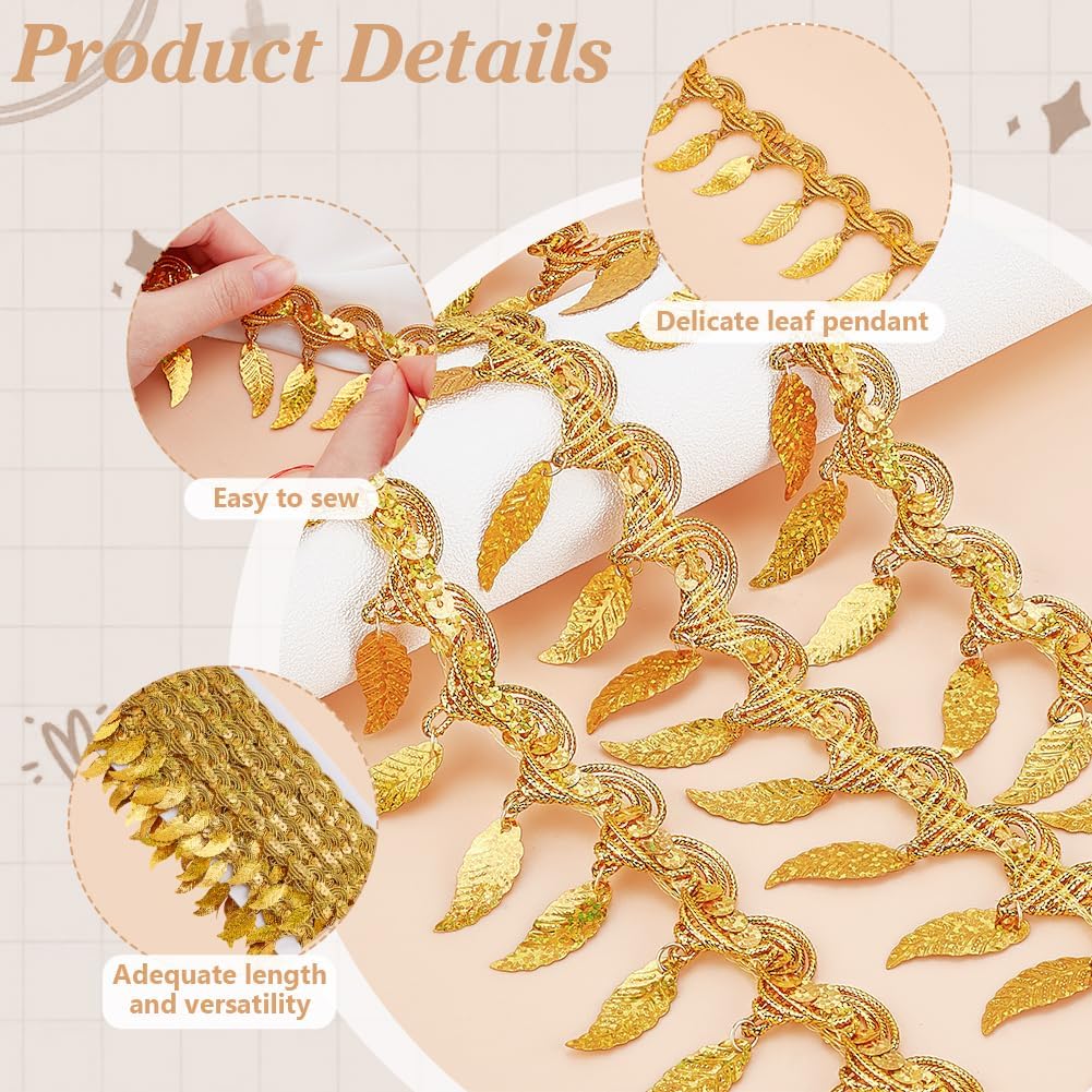 PH PandaHall 10 Yards Gold Sequin Fringe Trim Leaf Tassel Ribbon, Fabric Decorative Trim Gold Edging Trim Sewing Ribbon for Wedding Dance Dress