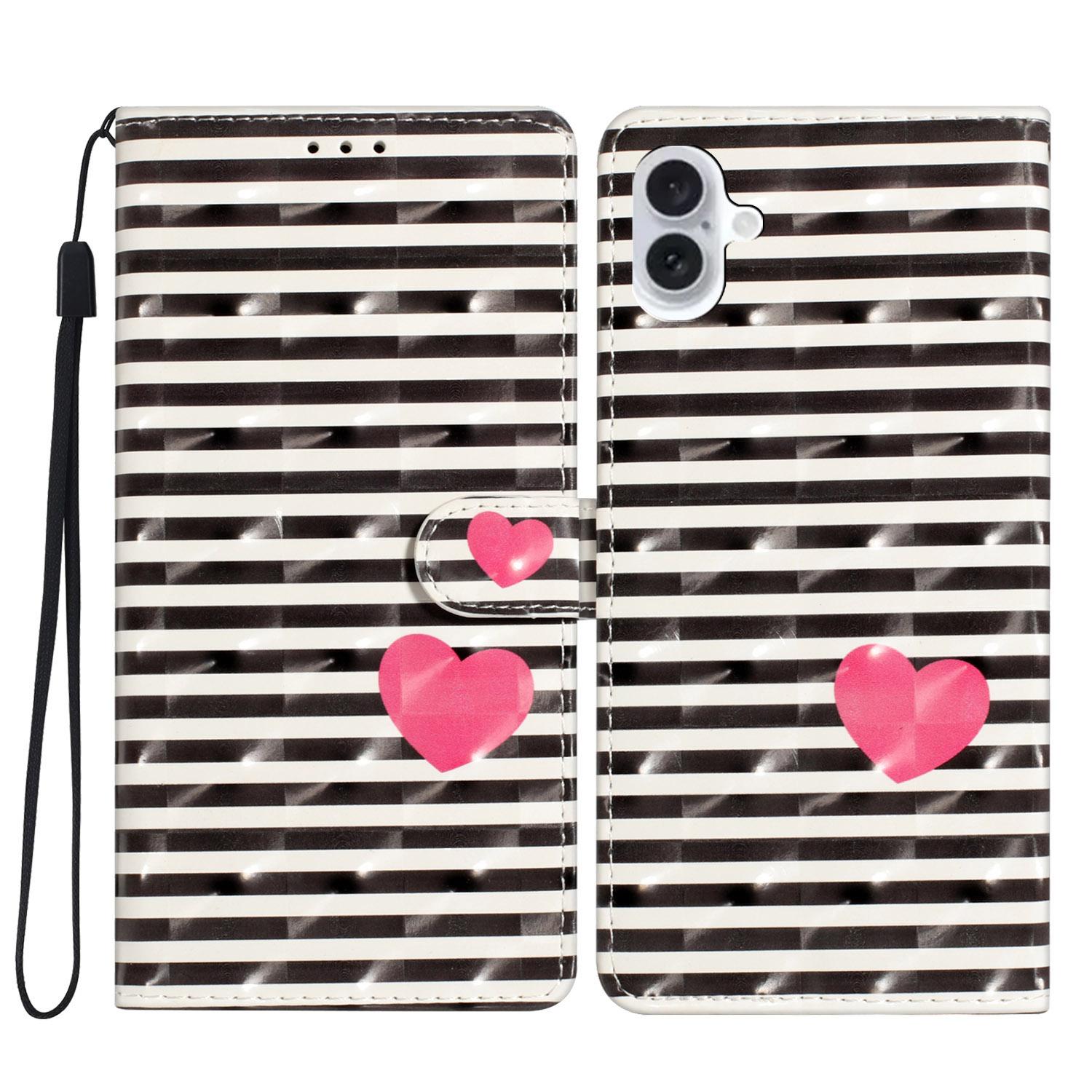 

For iPhone 16 Case PU Leather 3D Pattern Printing Phone Wallet Cover Stripes/Heart