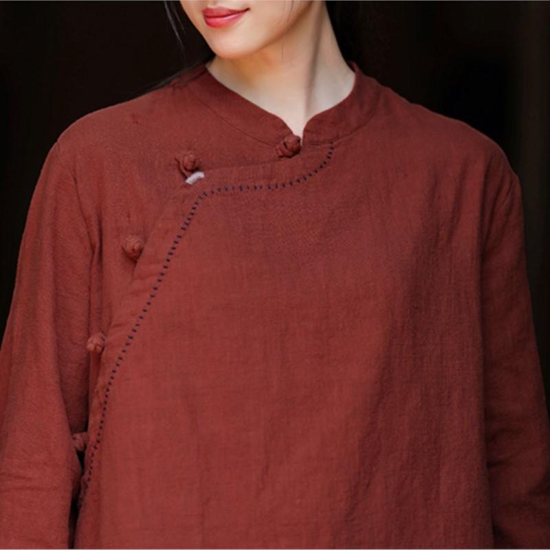 Johnature Women Vintage Shirts Tops Stand Long Sleeve Solid Color Blouses Autumn Button Shirts