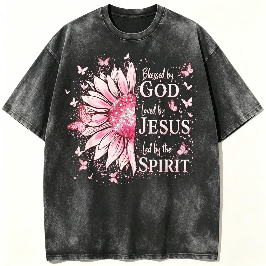 Blessed By God Loved By Jesus Christian Graphic Tee Sunflower Washed T?Shirt