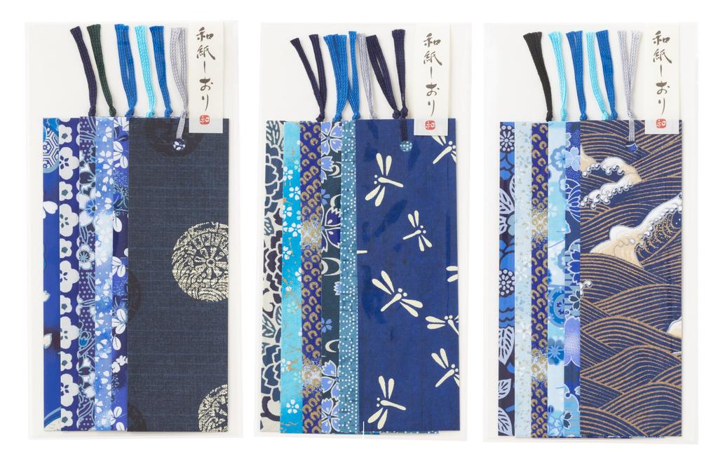 Kawasumi Washi Yuzen Washi Set of 18 Stencil-Dyed Bookmarks, Blue, A+B+C