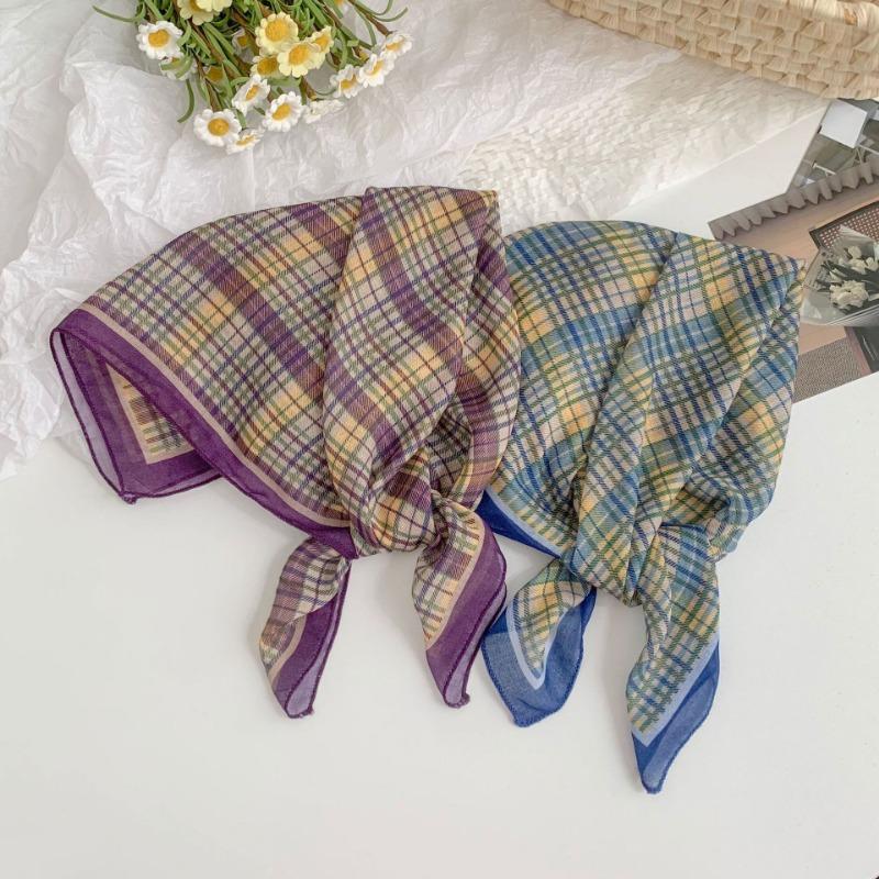 Silk Scarf Neck Small Square Scarf High-end New Versatile Plaid Headscarf Summer Women Pastoral Headband Tied Hair Streamer