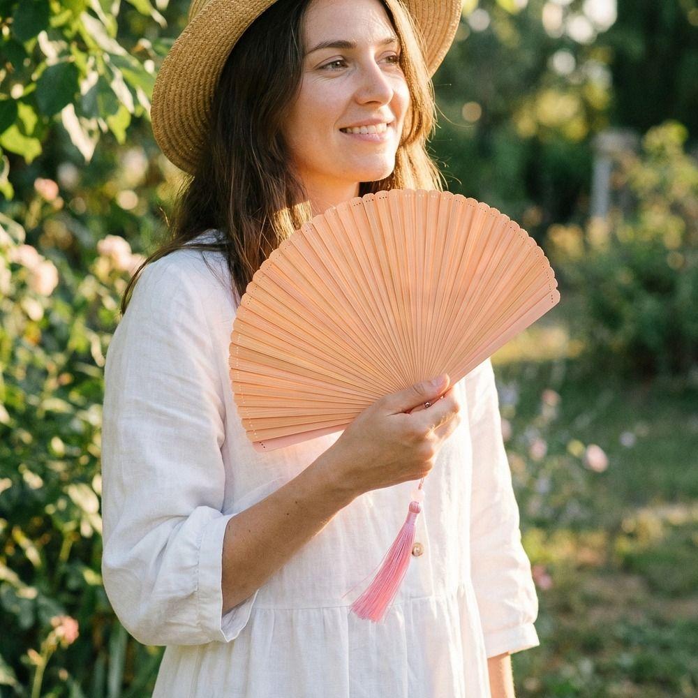 Creative Retro Bamboo Folding Fan Solid Color Decorative Fan Mini Shell Fan with Tassels Portable Chinese Style Fan Summer Use