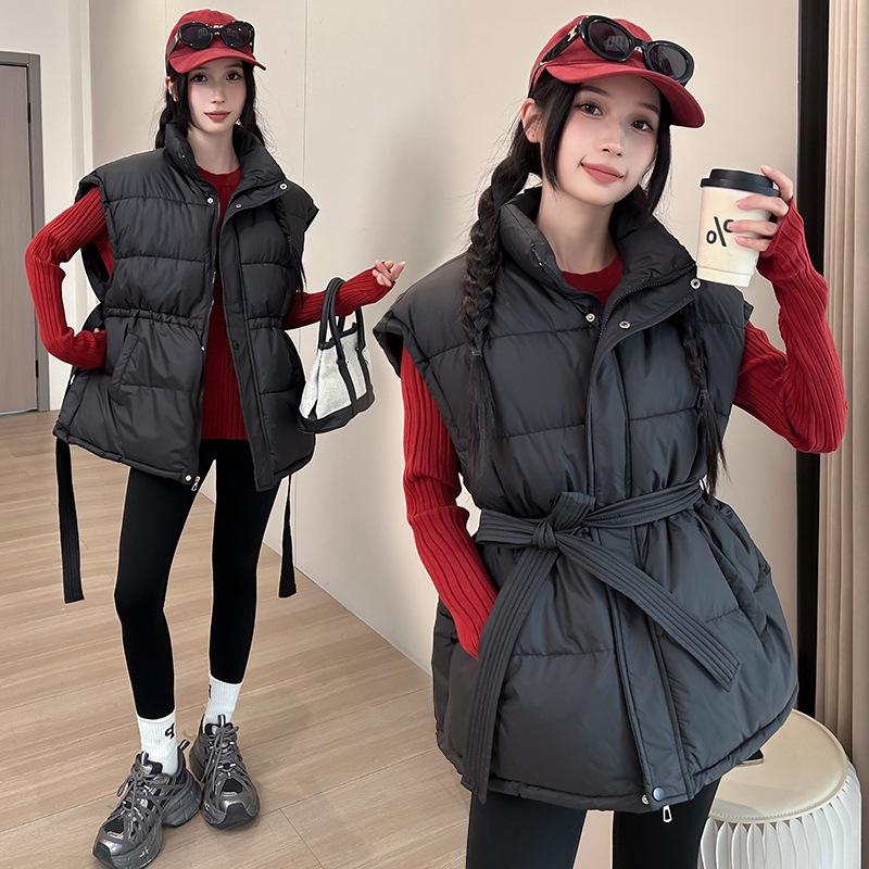 Neue Damen Daunen Baumwollweste Tasche Taille Ärmellos Baumwolljacke Weste Stehkragen