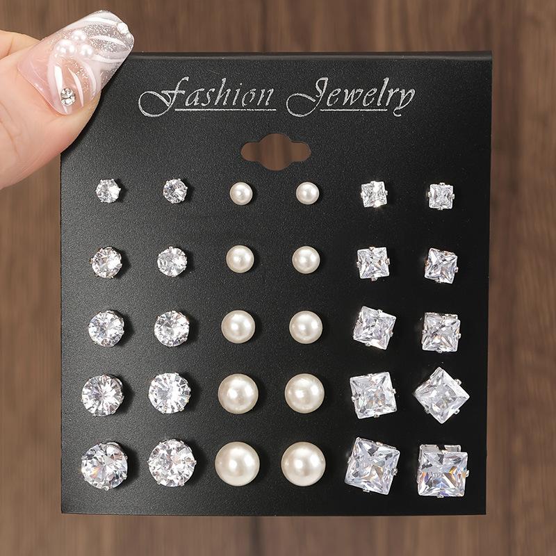 15 Pairs Classic Luxury Geometric Six Claw Zircon Crystal Pearl Stud Earrings Sets for Women Daily Wear Piercing Jewelry Gifts