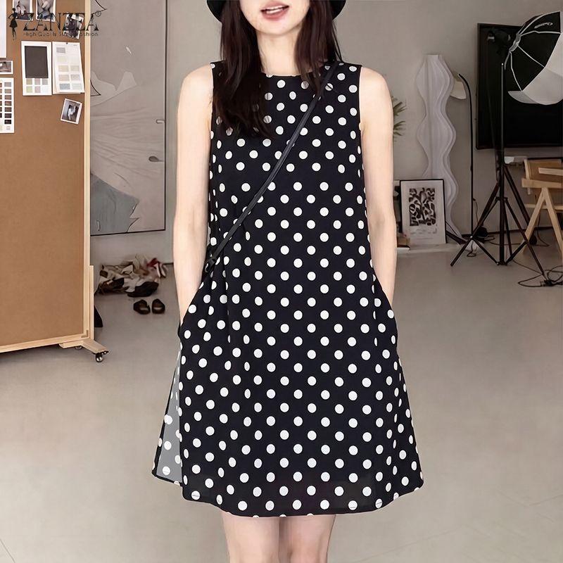 ZANZEA Women Polka Dot Print Loose Casual Round Neck Sleeveless Tank Tops S чёрный