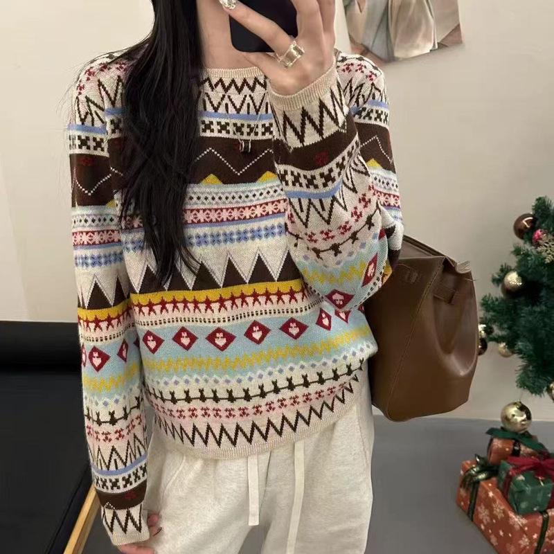 Versatile Ethnic Style Color Block Knit Cardigan Sweater for Women - Round Neck, Retro, Multi-Season