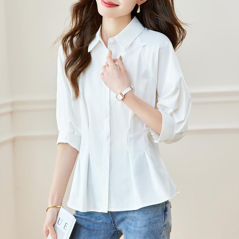

White Shirt for Women s 7-quarter Sleeve Summer Clothing New Style Waist-hugging Slim Top Casual Shirt M білий