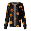 Women's Long Sleeve Single Breasted Halloween Print Scrub Cardigan Top for Nurses and Caregivers