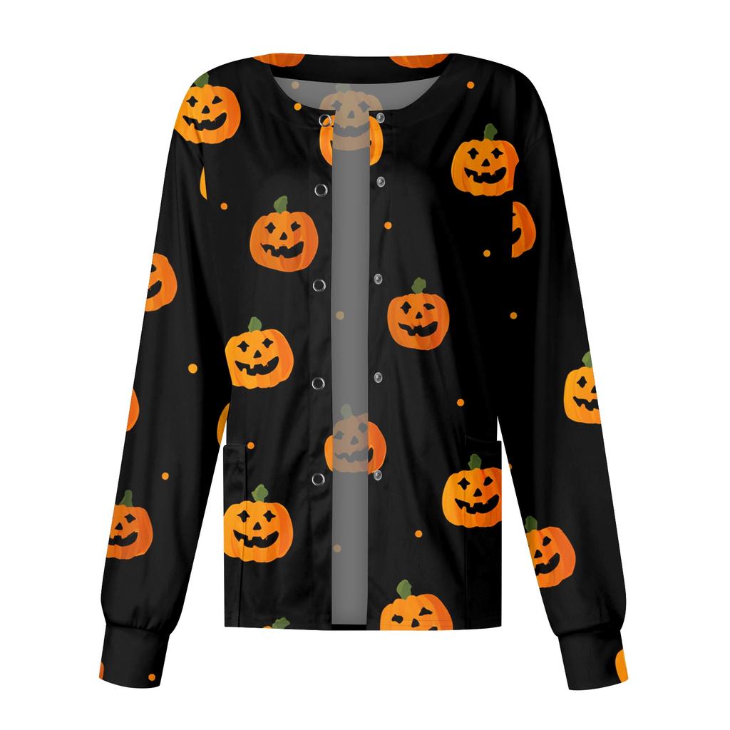 Women's Long Sleeve Single Breasted Halloween Print Scrub Cardigan Top for Nurses and Caregivers