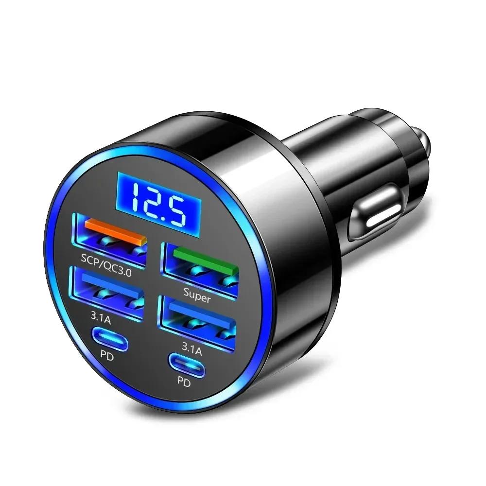 New 100W 6 In 1 Car Phone Charger Adapter with Voltage Display USB C Dual PD Fast Charge Adapter for IPhone Samsung Xiaomi